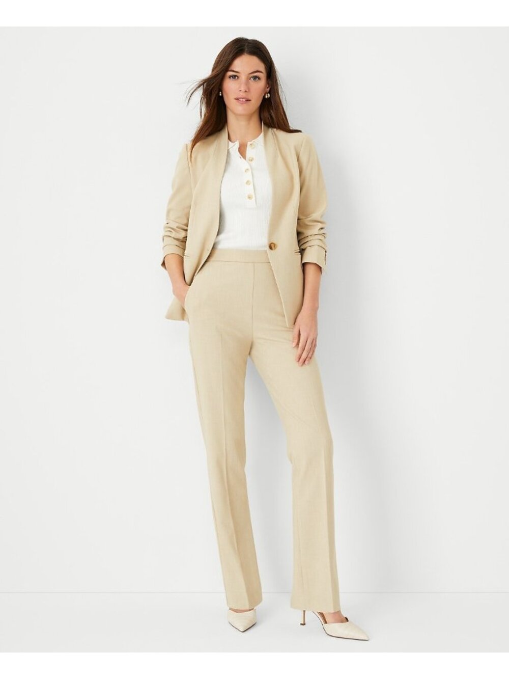 NEW ANN TAYLOR Tall Side Zip Straight Pant in Bi-Stretch toasted oat 14T career